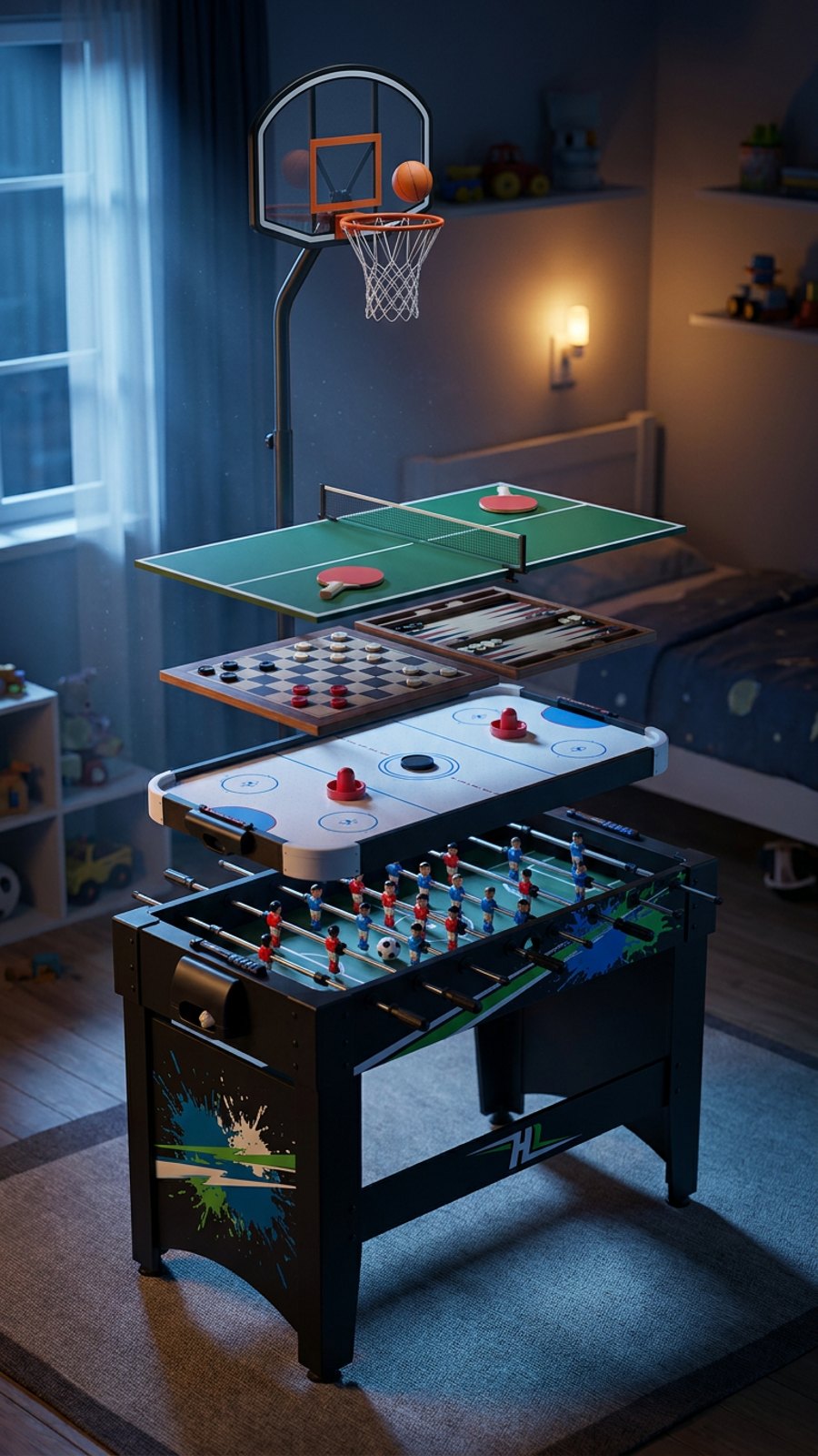 The 12-in-1 table with its game layers shown as a stack