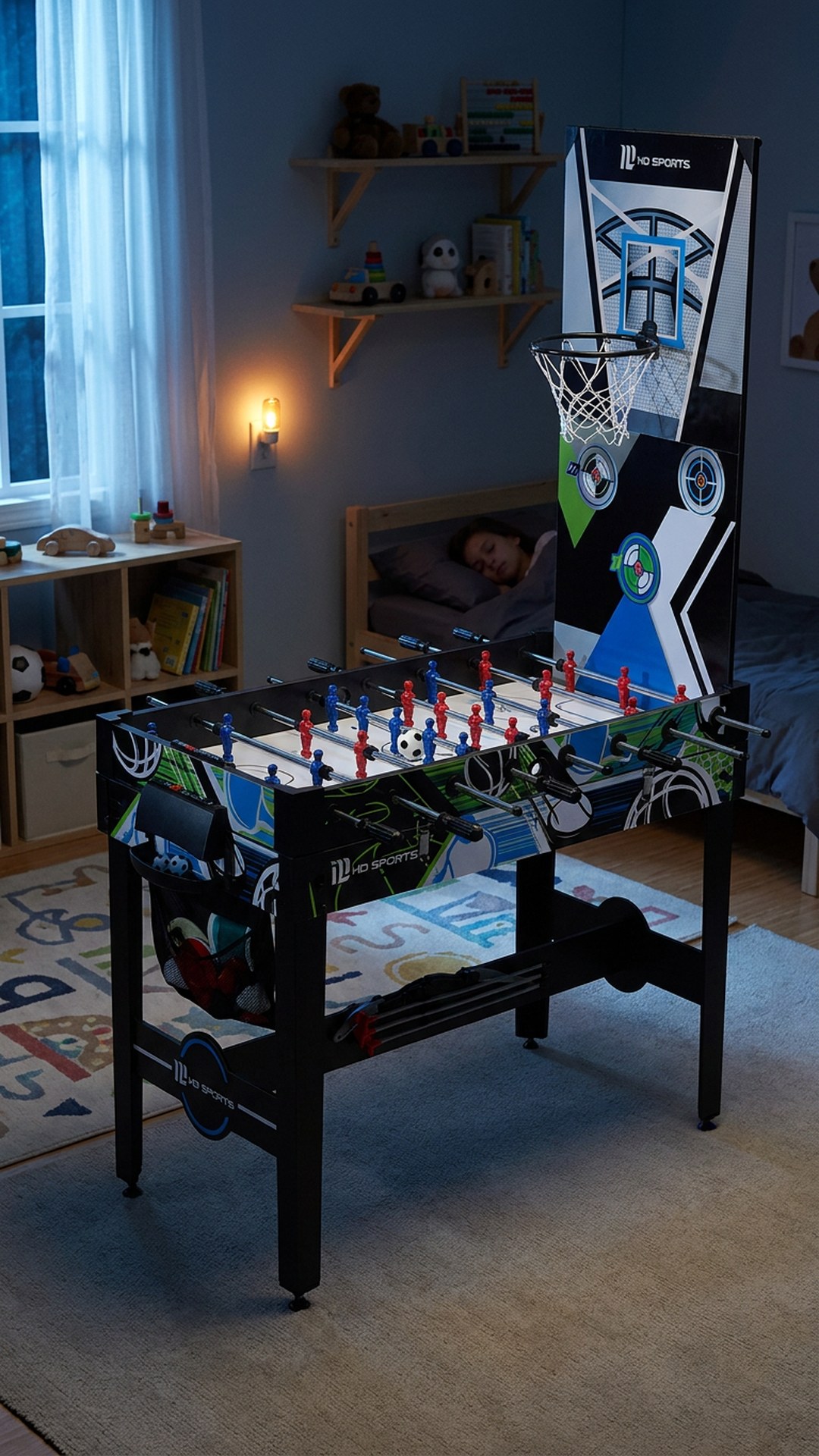 The 12-in-1 table in a child's bedroom at night